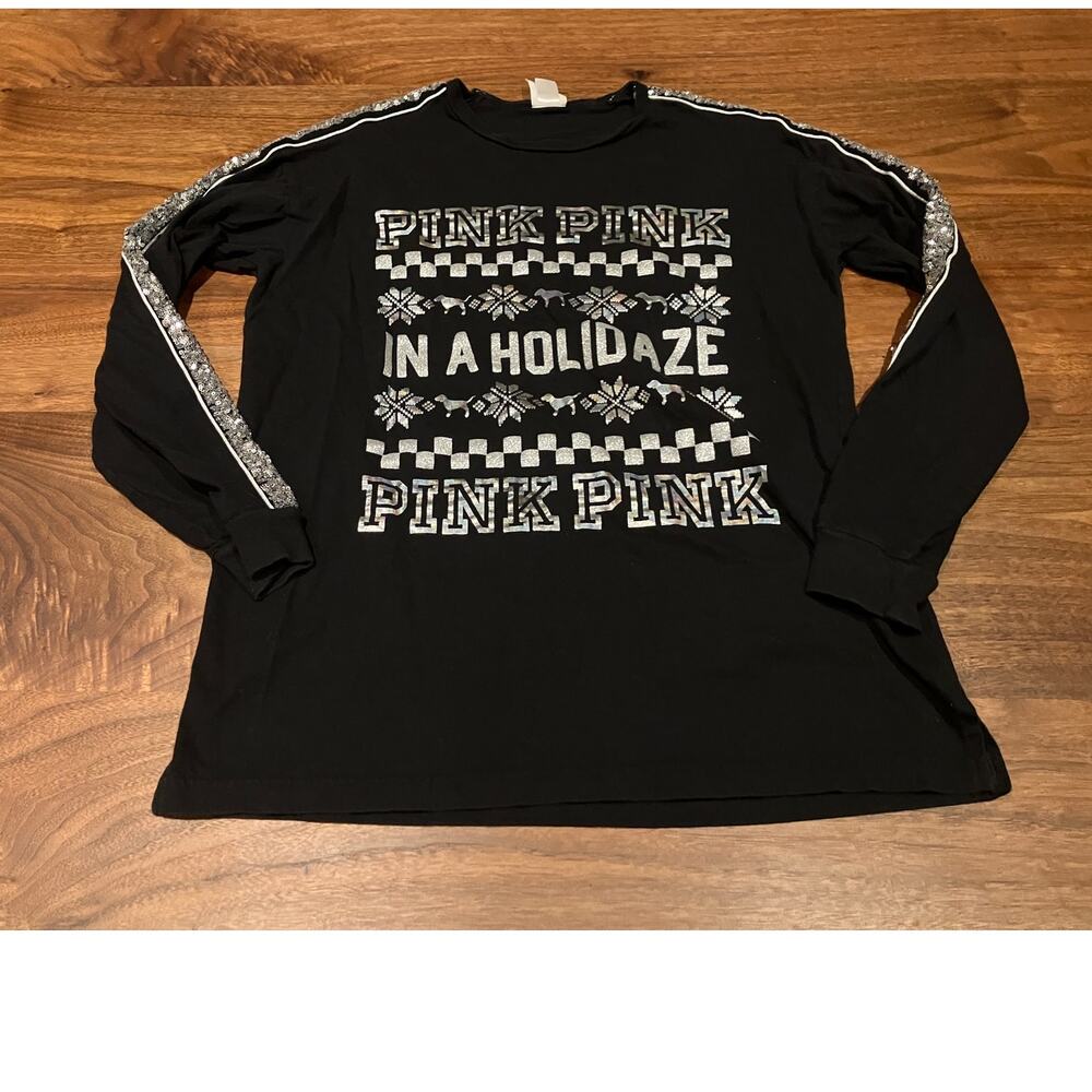 Victoria’s Secret PINK Holiday Long Sleeve Shirt Black Silver Sequin Size‎ S